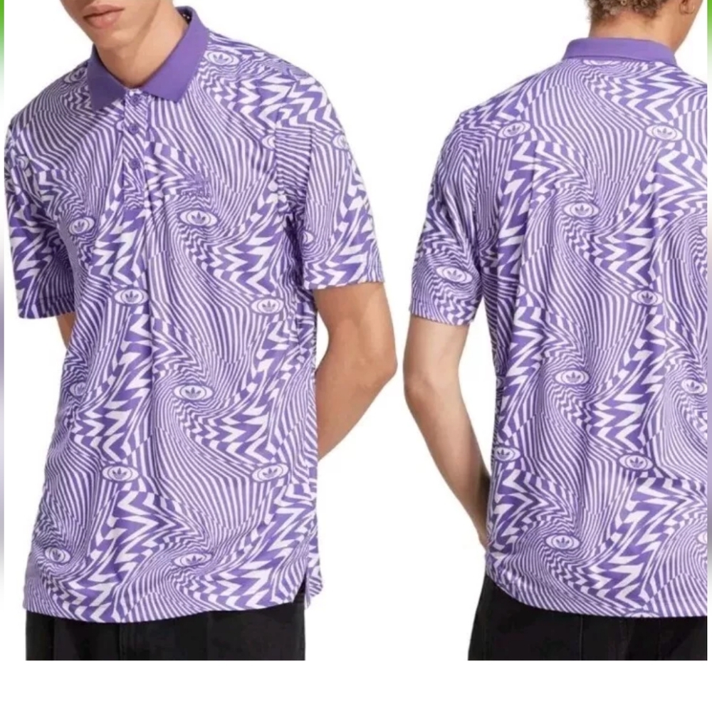 Adidas Polo Shirt Men XL Warped Print Purple Psychedelic Golf Tennis Pickleball